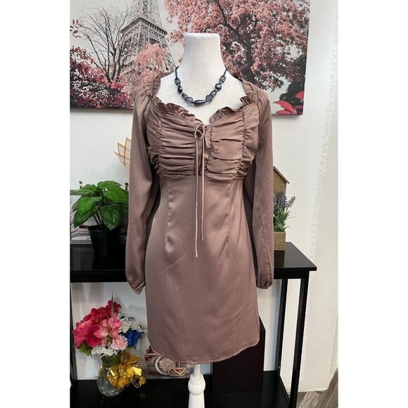 Women’s Satin Front Tie Mini Dress long sleeve size L color Champagne - Picture 1 of 12